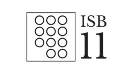 Logo of the ISB-11: the logo contains the text ISB 11 in black on a white background, next to a black-bordered white box containing 11 circles.