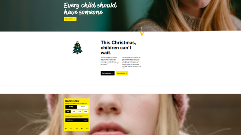 The front page of the Children's Society website, with a section "This Christmas, Children can't wait", followed by an online donation form