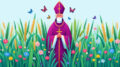 A computer-generated render of a bishop in purple robes and mitre standing in long grass