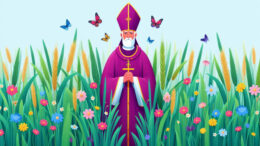 A computer-generated render of a bishop in purple robes and mitre standing in long grass