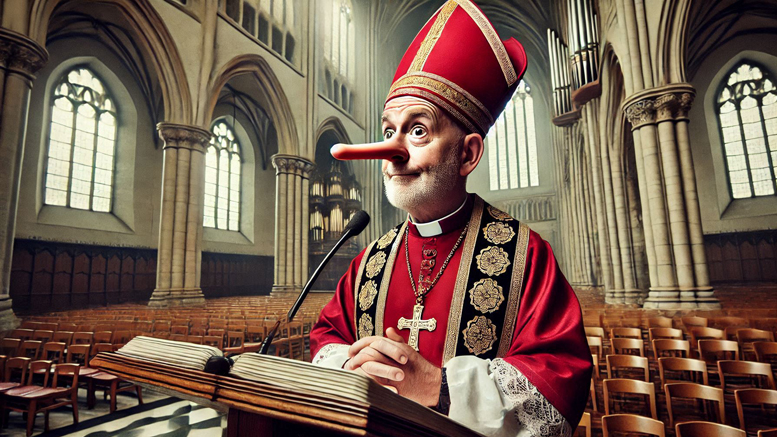 An AI-generated image of a bishop in front of a lecturn, with a pinnochio type nose