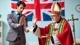 an AI-generated image of a suited charity worker handing money back to a robed bishop