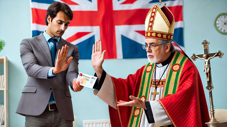 an AI-generated image of a suited charity worker handing money back to a robed bishop