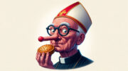 An AI generated cartoon image of a bishop with a Pinocchio nose eating a pork pie