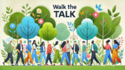 An illustration of a group of people walking in a forest under the banner "walk the talk"