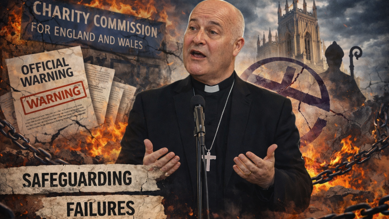 Editorial illustration of Archbishop of York Stephen Cottrell, based on a real photograph, set against imagery of Charity Commission official warnings and institutional breakdown, used to illustrate a blog post about safeguarding mismanagement.