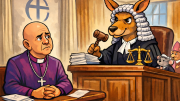 Cartoon-style illustration of a courtroom scene in which a bald Anglican archbishop sits at a desk looking uneasy, while a kangaroo dressed as a judge presides from the bench holding a gavel, symbolising a “kangaroo court”.