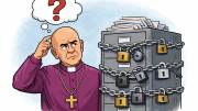 Cartoon illustration of a bald Anglican archbishop in a purple cassock looking puzzled, scratching his head as he stands beside a locked filing cabinet wrapped in chains and padlocks, with a question mark in a thought bubble above him, symbolising uncertainty and lack of access to records.
