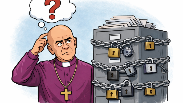 Cartoon illustration of a bald Anglican archbishop in a purple cassock looking puzzled, scratching his head as he stands beside a locked filing cabinet wrapped in chains and padlocks, with a question mark in a thought bubble above him, symbolising uncertainty and lack of access to records.