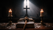 A Bible bound with rope on a church altar, flanked by two lit candles, with a cross in shadow behind.