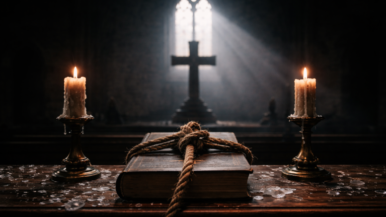 A Bible bound with rope on a church altar, flanked by two lit candles, with a cross in shadow behind.