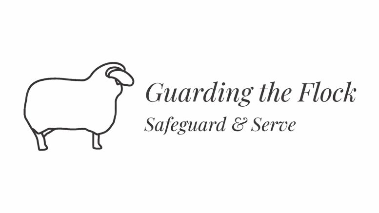The logo for Guarding the Flock website, featuring a sheep with the tagline "safeguard & serve"
