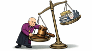Cartoon-style illustration of a bald Anglican bishop in a purple cassock leaning on one side of unbalanced scales of justice, pressing down a large gavel while the opposite scale holding light files and silhouetted figures is raised, symbolising an imbalance between legal authority and safeguarding evidence.