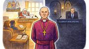 Cartoon-style illustration of a bald Anglican archbishop in purple standing between two contrasting courtrooms: one open and brightly lit with visible documents and observers, and the other dark and closed, symbolising the difference between open appellate justice and opaque internal disciplinary processes.