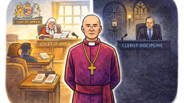 Cartoon-style illustration of a bald Anglican archbishop in purple standing between two contrasting courtrooms: one open and brightly lit with visible documents and observers, and the other dark and closed, symbolising the difference between open appellate justice and opaque internal disciplinary processes.
