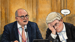 Caricature-style cartoon in landscape format showing a formal meeting scene. At centre, a suited chair with glasses leans toward a microphone, gesturing firmly as he declares a ruling. To his right, a wigged legal adviser sits hunched, covering part of his face with one hand in an embarrassed or evasive pose, with a small thought bubble showing ellipses. A bell, papers and glasses of water sit on the desk in front of them, against a wood-panelled background suggesting a formal chamber.
