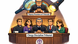 A Cartoon-style illustration of a church disciplinary tribunal panel of five seated figures (a central male judge, with a male and female clergy member on one side and a male and female lay member on the other) deliberating at a bench, while a separate senior judge figure looks down from above. A large magnifying glass and torch shine over them, symbolising scrutiny of the system.