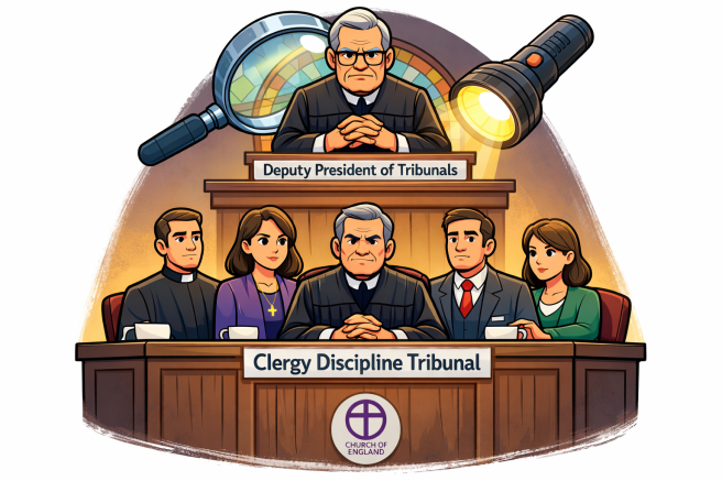 A Cartoon-style illustration of a church disciplinary tribunal panel of five seated figures (a central male judge, with a male and female clergy member on one side and a male and female lay member on the other) deliberating at a bench, while a separate senior judge figure looks down from above. A large magnifying glass and torch shine over them, symbolising scrutiny of the system.