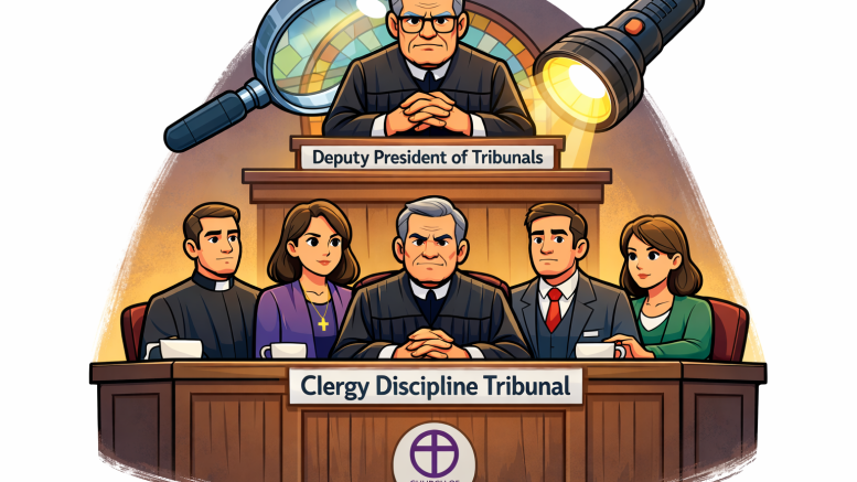 A Cartoon-style illustration of a church disciplinary tribunal panel of five seated figures (a central male judge, with a male and female clergy member on one side and a male and female lay member on the other) deliberating at a bench, while a separate senior judge figure looks down from above. A large magnifying glass and torch shine over them, symbolising scrutiny of the system.