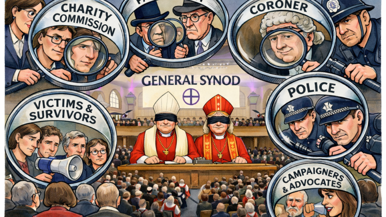 Cartoon illustration of the Church of England’s General Synod chamber, shown in a wide, circular hall with tiered seating and a domed ceiling. At the top table sit two blindfolded archbishops, one male and one female, wearing red episcopal robes. Around the scene, six large magnifying glasses peer in from the edges, labelled Charity Commission, Parliament, Coroner, Police, Victims & Survivors, and Campaigners & Advocates, symbolising external scrutiny of the Synod proceedings.