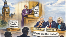 A satirical editorial cartoon shows a bishop in purple robes standing at a podium in front of the Houses of Parliament. In front of him is a small stack of papers labelled “Clergy Conduct Measure.” Behind him, partly concealed by a drawn golden curtain, is a tall stack of documents labelled “Clergy Conduct Rules,” suggesting they are being hidden. Opposite him, members of the Ecclesiastical Committee — including a woman with curly white hair wearing a cross — sit at a table with a nameplate reading “Ecclesiastical Committee.” One member speaks in a speech bubble: “Where are the Rules?” A judge’s gavel rests in the foreground.
