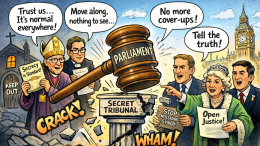 Satirical cartoon showing Church of England figures on the left insisting that secret tribunal hearings are “normal everywhere”, while on the right MPs and peers demand “Open justice” and “No more cover-ups”. A giant gavel labelled “Parliament” smashes a pedestal marked “Secret Tribunal”, with Westminster in the background.