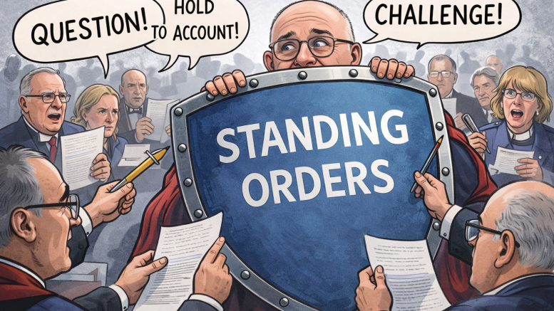 Cartoon illustration of the Archbishop of York, Stephen Cottrell, crouching behind a large shield labelled “Standing Orders” as members of the General Synod approach with raised hands, papers, and question marks, symbolising attempts to question or hold him to account.