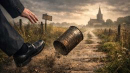A suited foot kicks a rusty tin can down an overgrown path toward a distant church building, symbolising delay and the Church of England “kicking the can down the road” on safeguarding reform.