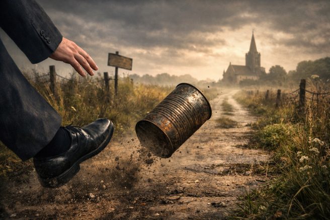 A suited foot kicks a rusty tin can down an overgrown path toward a distant church building, symbolising delay and the Church of England “kicking the can down the road” on safeguarding reform.